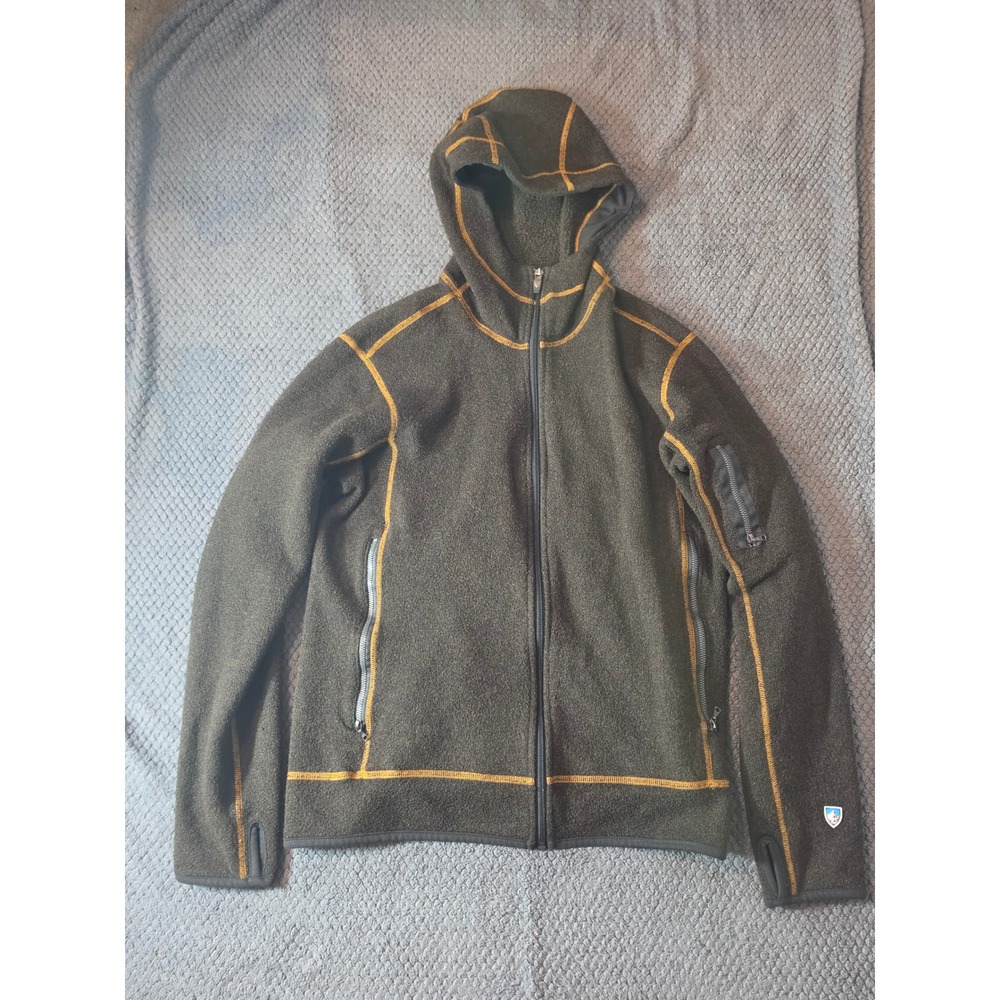 KUHL Interceptr Full Zip Fleece Hoodie Mens Large Olive Green Orange Stitching